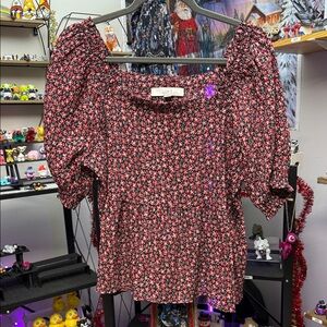 LOFT Red Floral Puff Sleeve Blouse